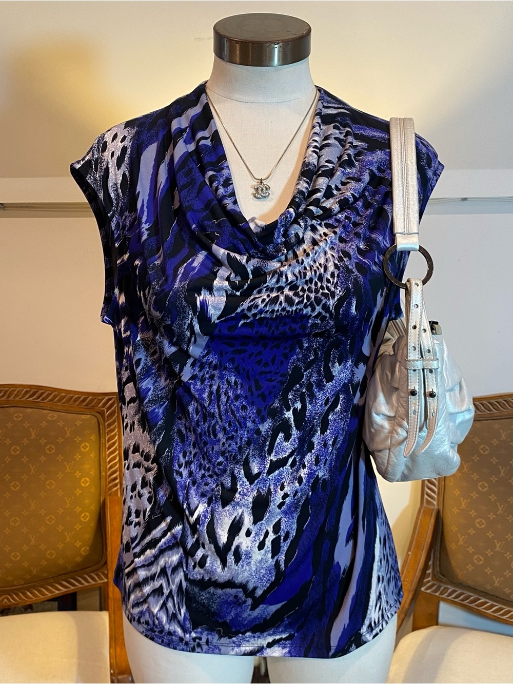 Kasper Blue and Black Animal-Print Cowl Neck Sleeveless Blouse, Size Petite LG